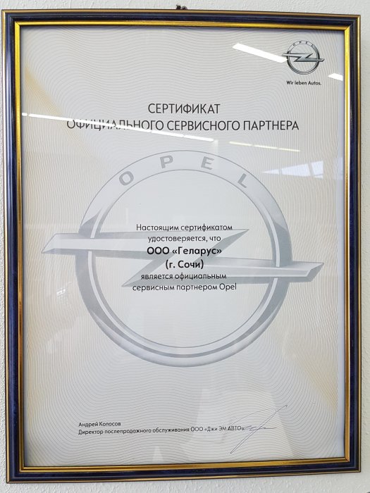 Сертификат авторизованного сервисного центра Opel